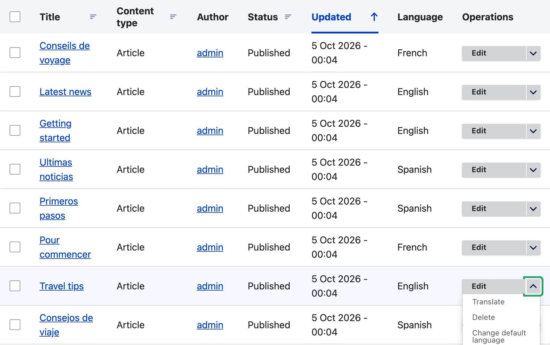 The operations menu of the Travel tips article with the Change default language operation