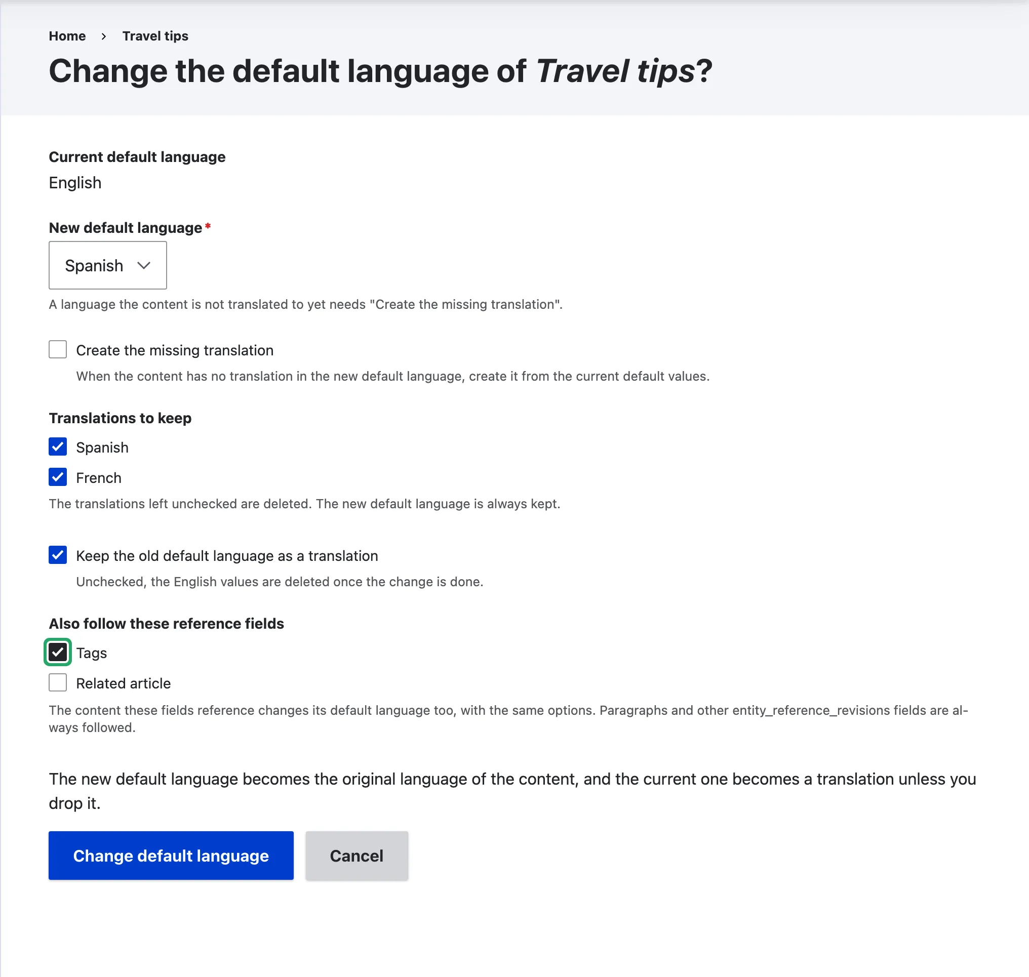 The confirmation form with Spanish as the new default language and the Tags field followed