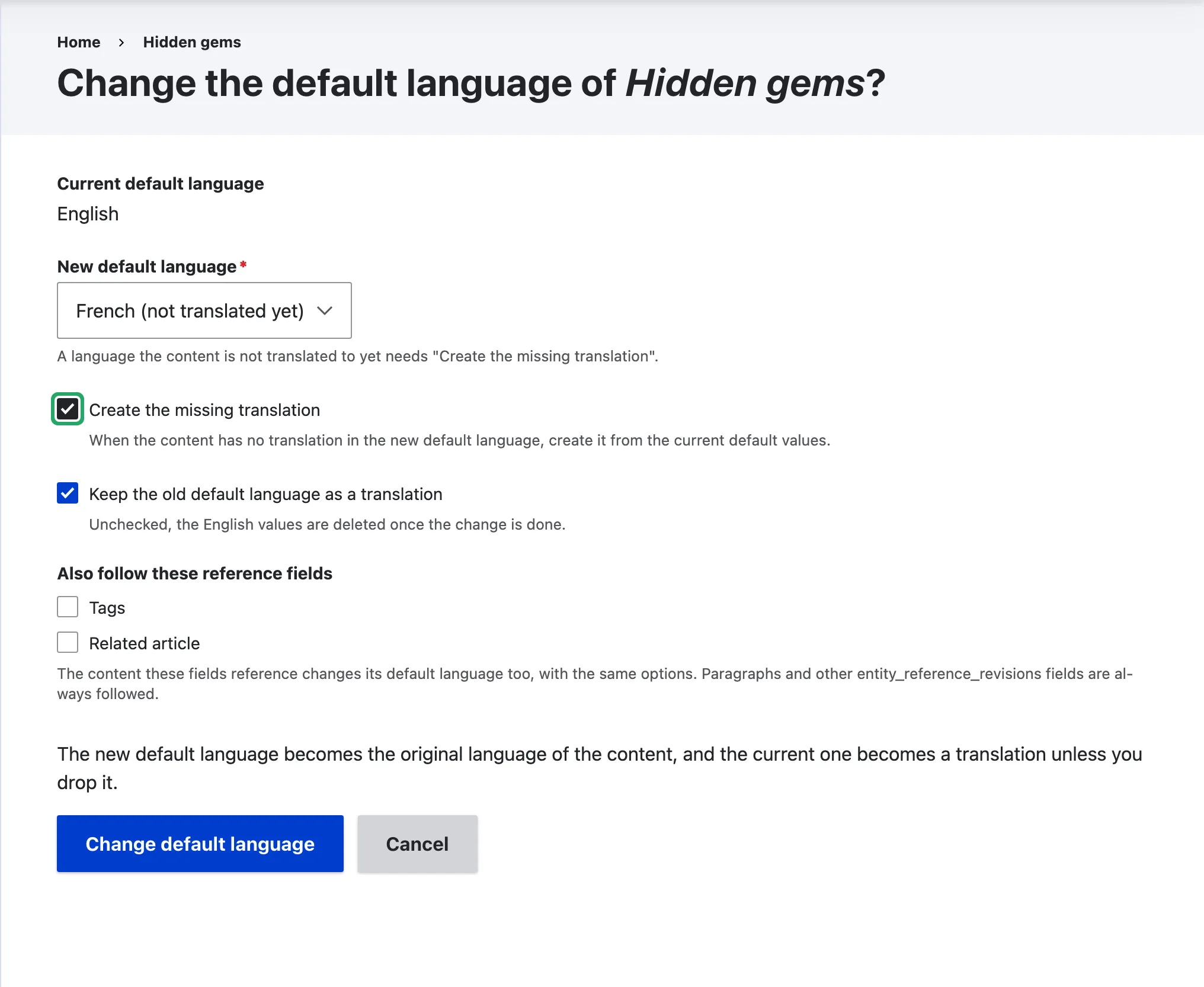 The confirmation form of Hidden gems with French, not translated yet, and Create the missing translation checked