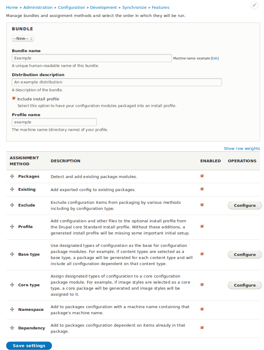 Screenshot of Features UI create bundle form