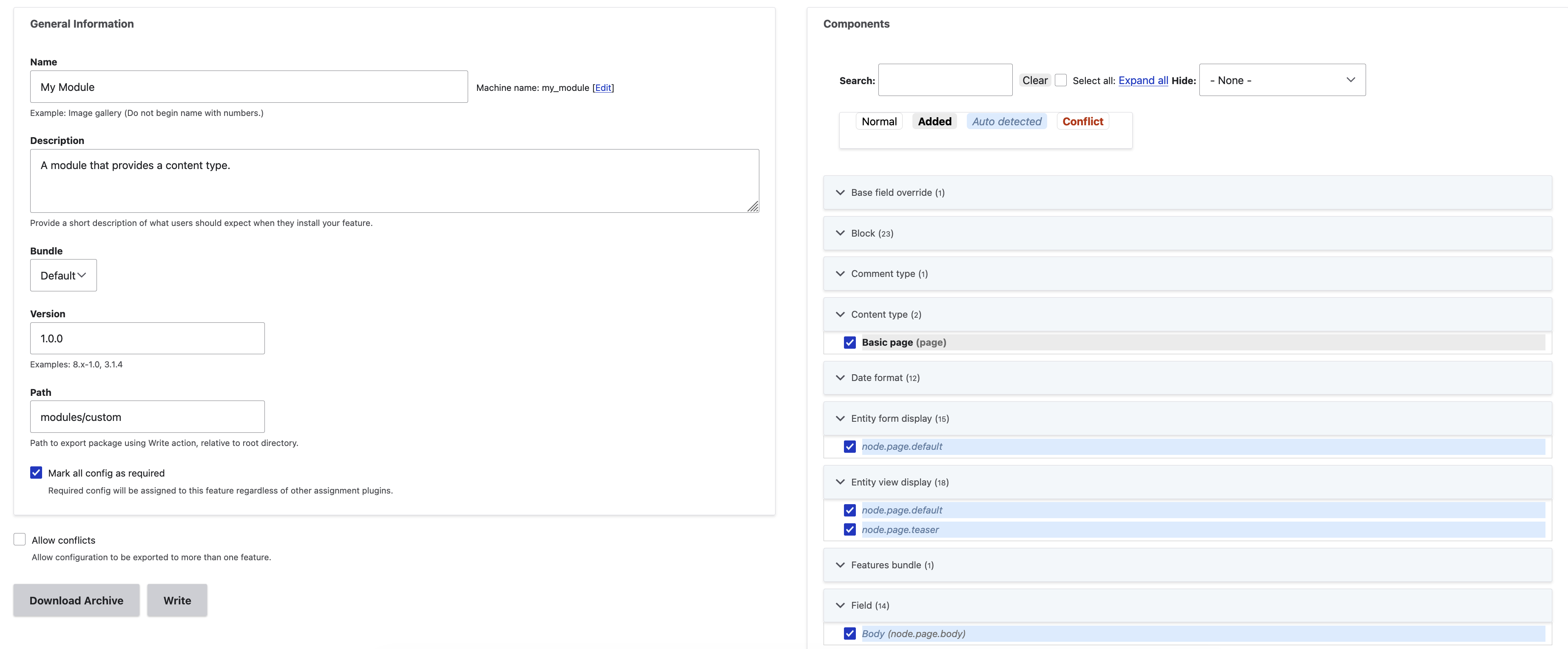 Screenshot of Features UI for building a new bundle of configuration
