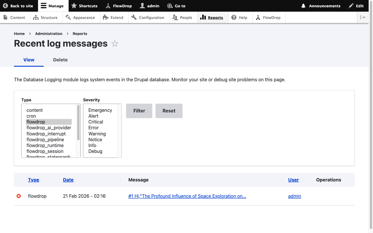 Drupal log messages filtered for FlowDrop