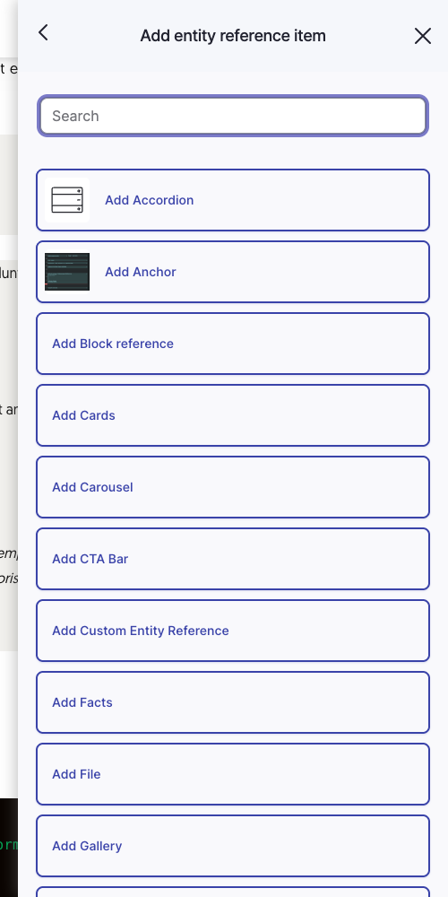 The Add entity reference item panel, with a search box and one button per available paragraph type