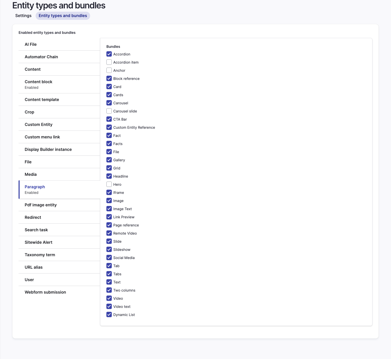 The Entity types and bundles page, with entity types listed as vertical tabs and their bundles as checkboxes