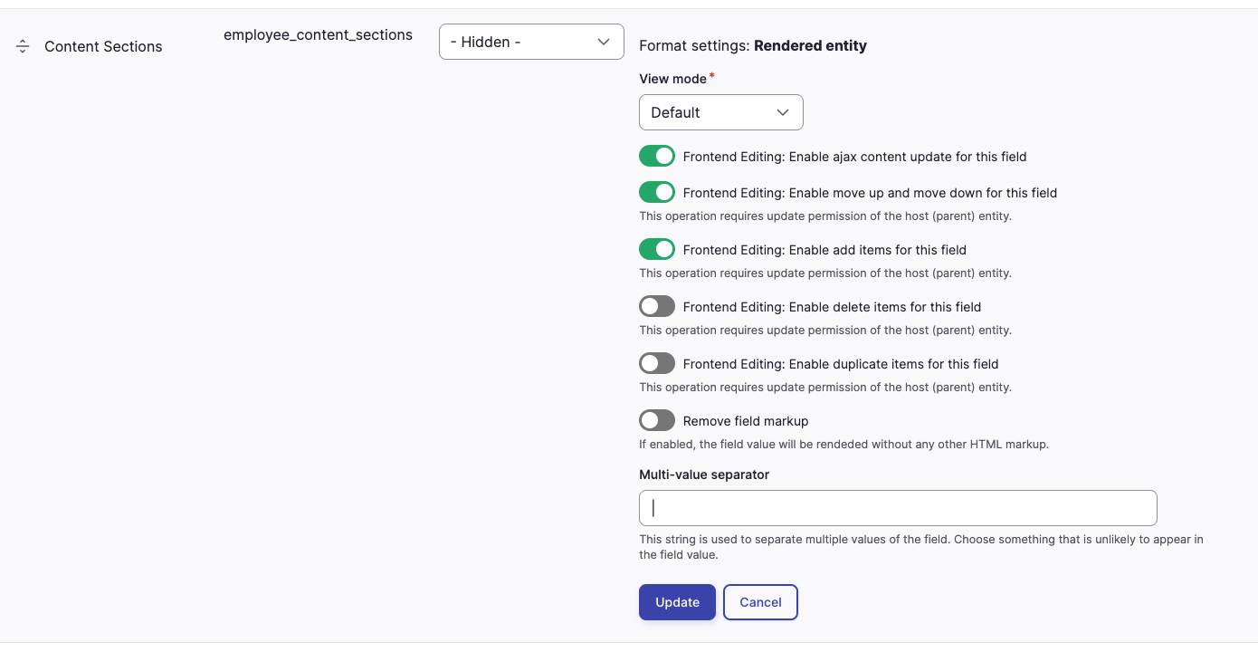 The field formatter settings form, showing the five Frontend Editing toggles for ajax content update, move, add, delete and duplicate