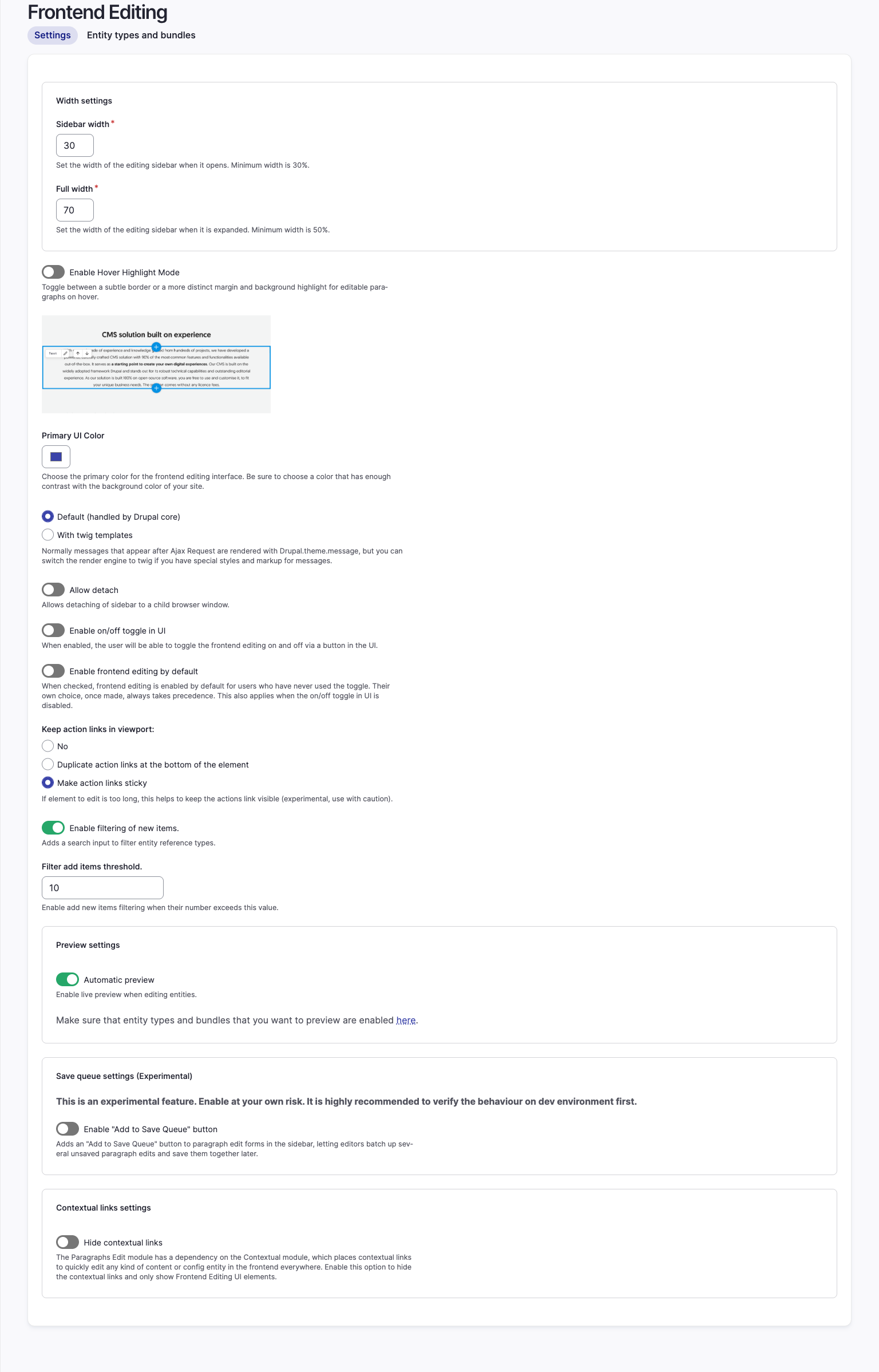 The Frontend Editing settings form