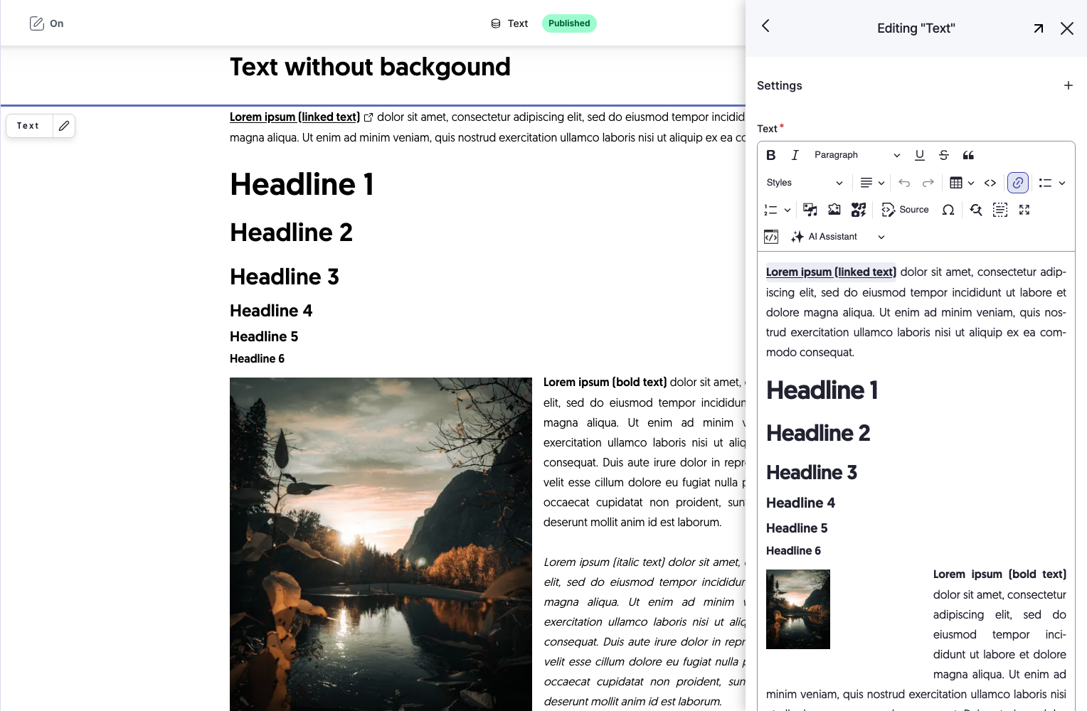 The rendered page on the left with the editing sidebar open on the right, showing the paragraph's form in CKEditor