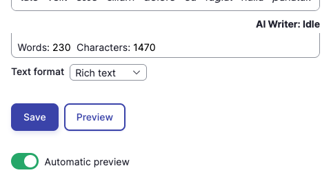 The bottom of the sidebar form with the Save and Preview buttons and the Automatic preview toggle