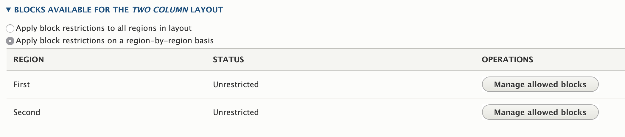 Selection interface for per layout restrictions