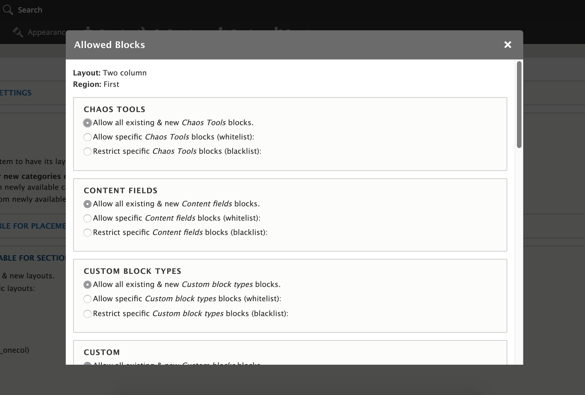 Modal editing window for per-layout restrictions