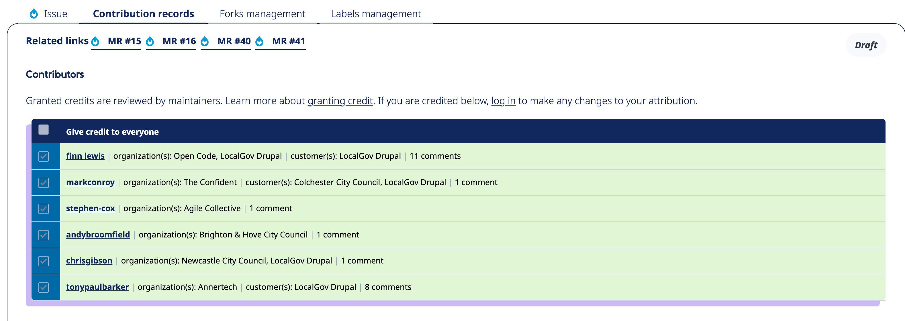 Screenshot of a contribution record, showing the organisation and customer fields and the option to save as defaults