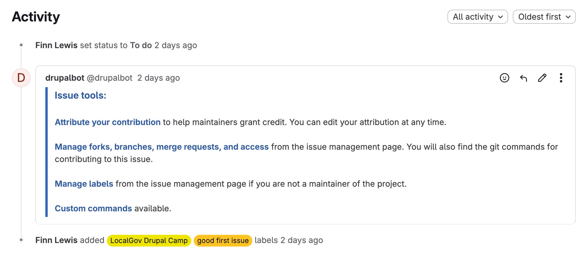 Screenshot of the DrupalBot comment on a new issue, with its links to the contribution record, fork management and label management