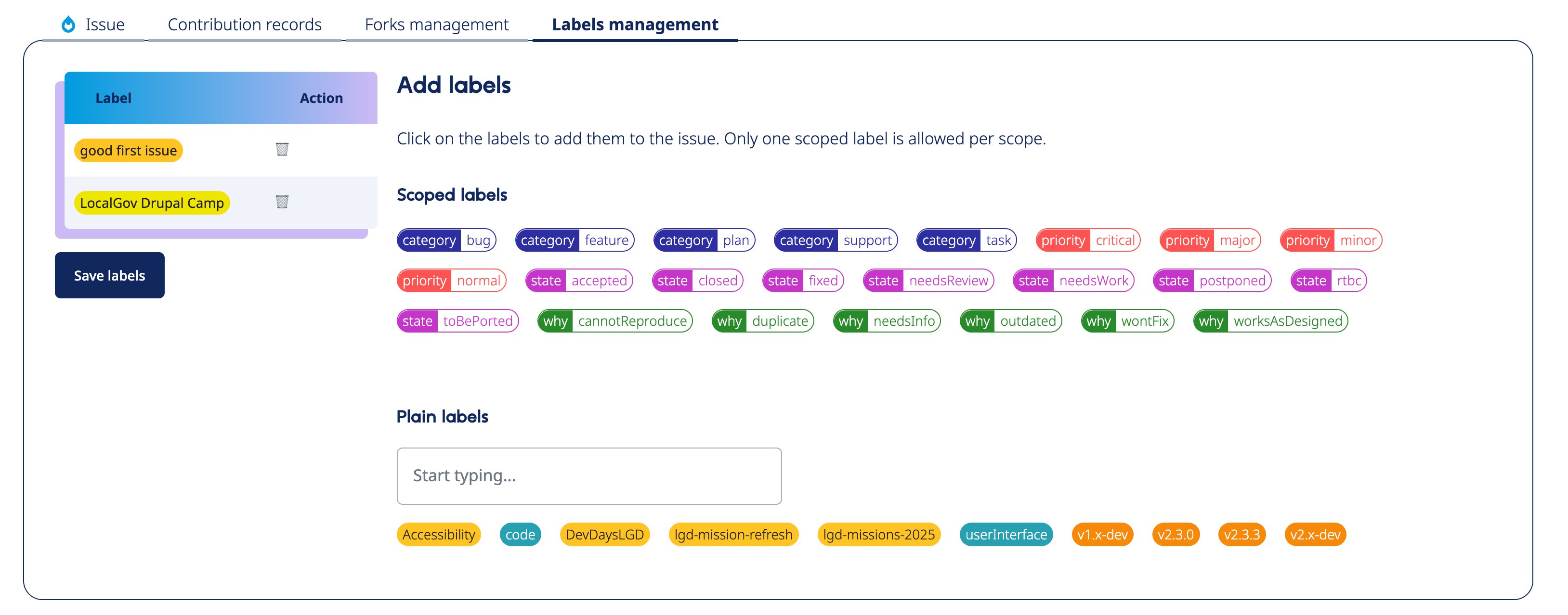 Screenshot of the label management page with the 'State::Needs Review' label being set