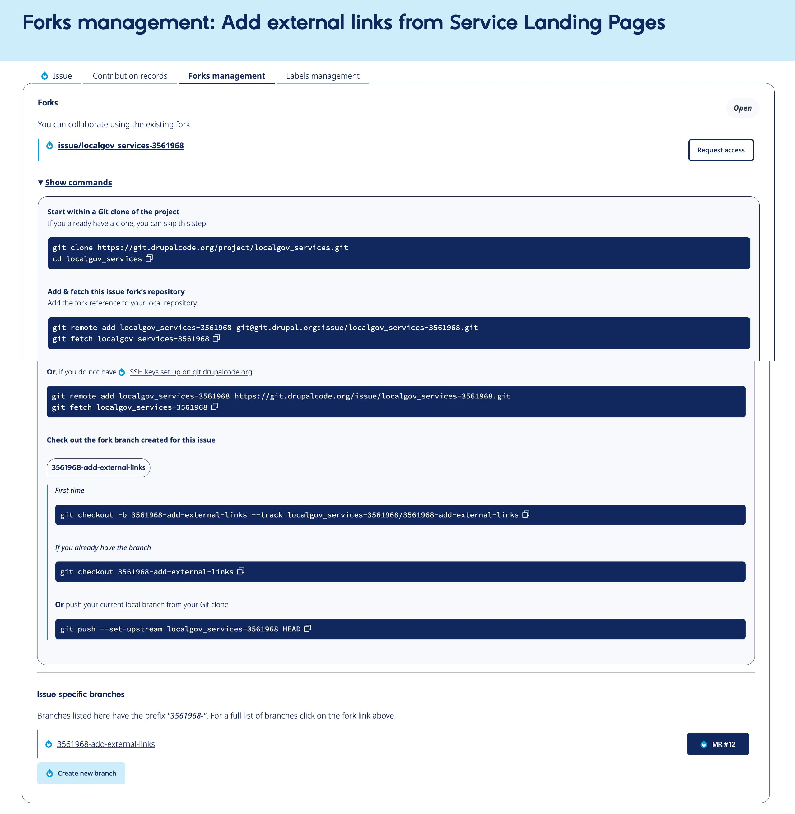 Screenshot of the fork management page on drupal.org, showing the options to create a fork or request access