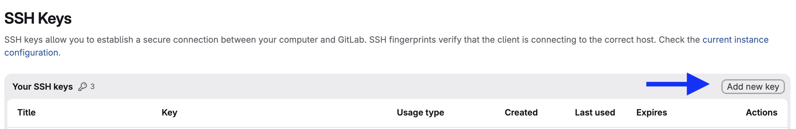 Screenshot of the layout of the button to "Add new key"