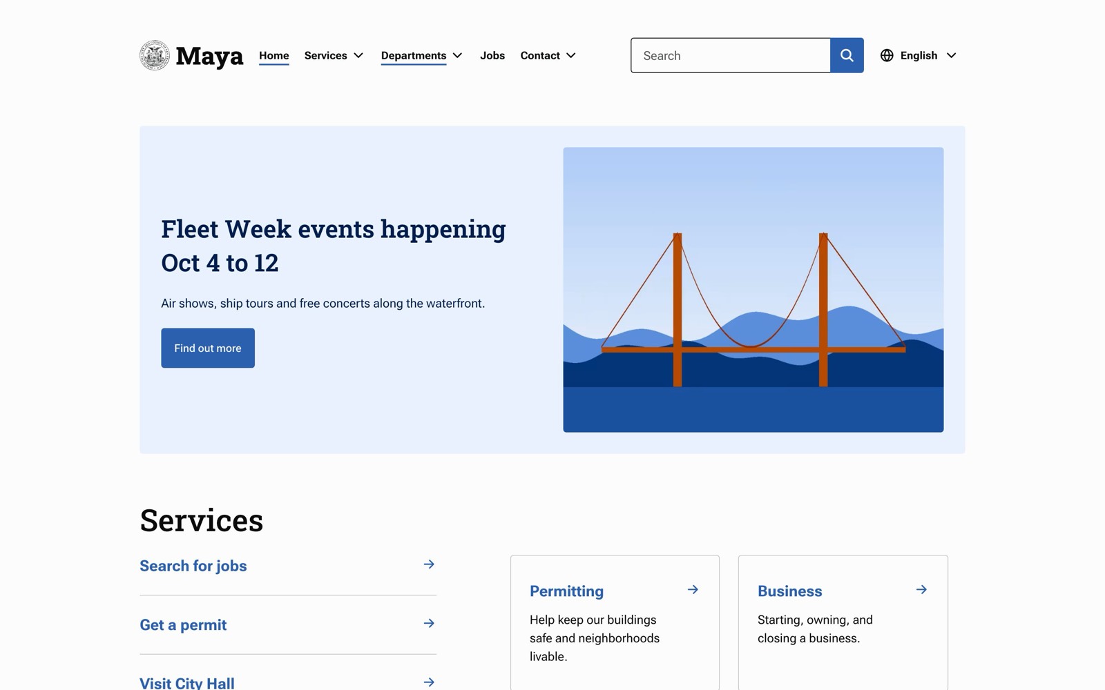 The Maya theme's home page: a spotlight, service tiles and department links.