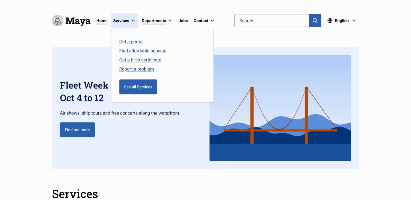 The main menu with the Services dropdown open.