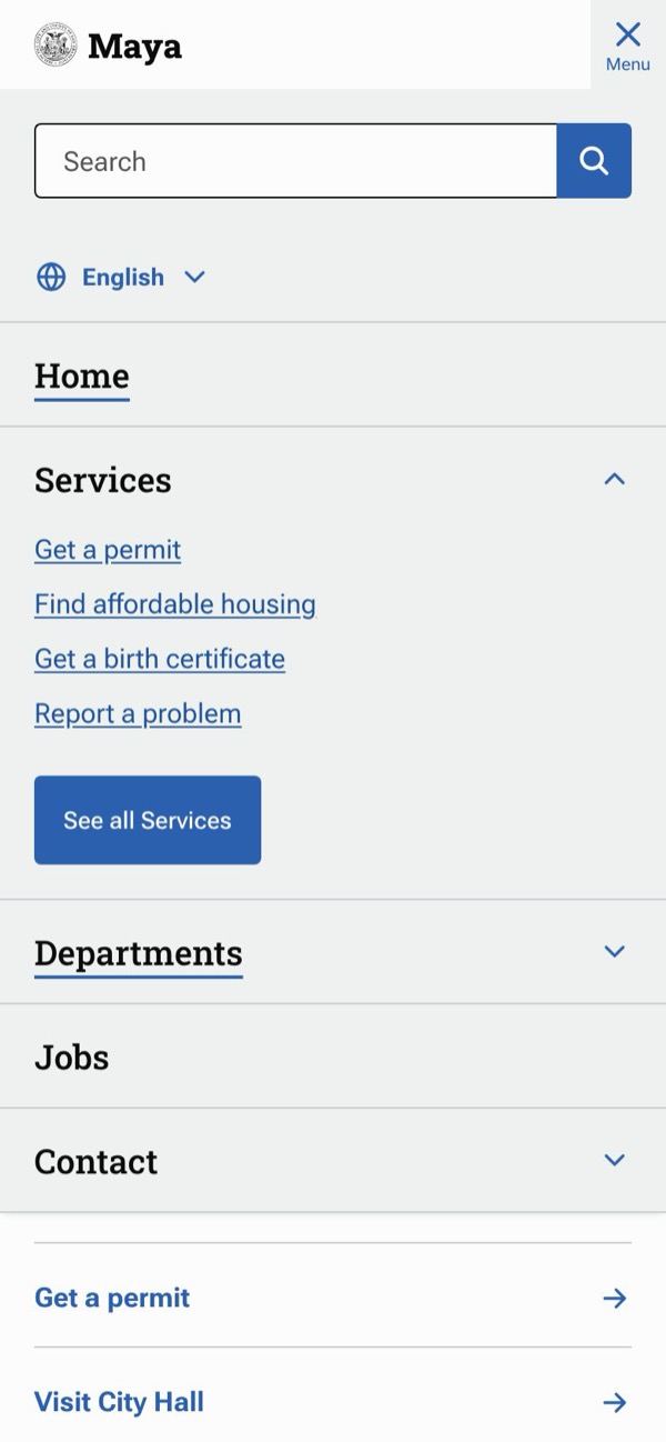 The mobile menu open, with search, language switcher and an expanded section.