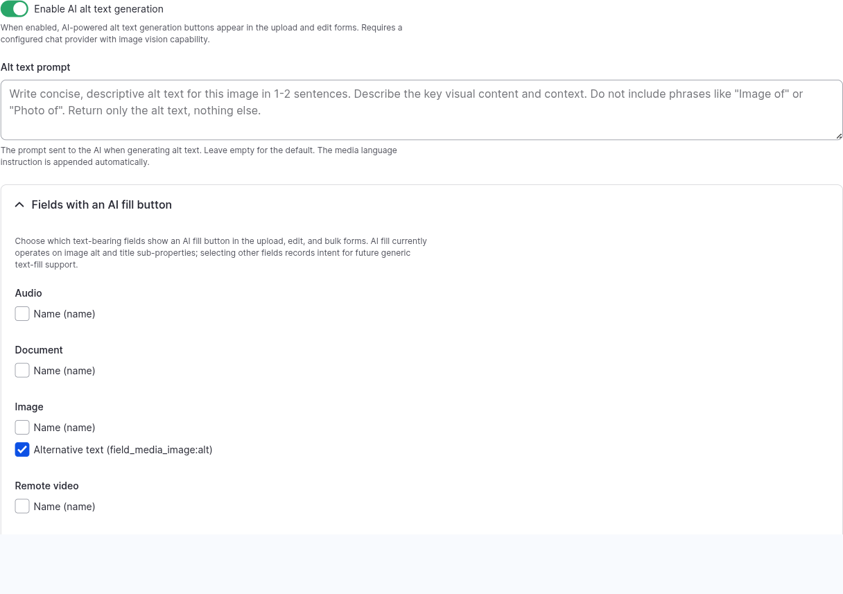 AI alt text settings: enable toggle, prompt textarea, per-bundle field selection