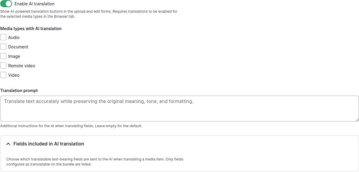 AI translation settings: enable, bundles, prompt, translatable fields