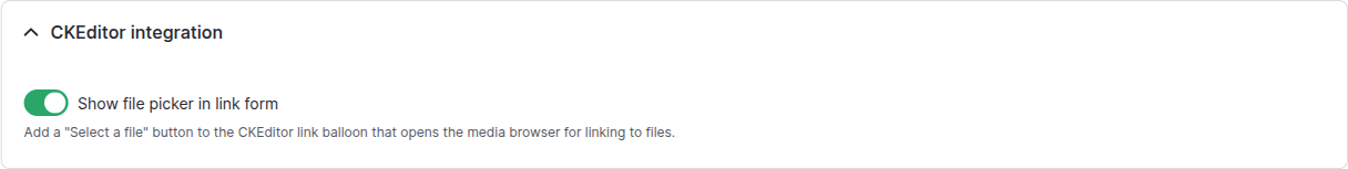 CKEditor integration: file picker toggle in the link form