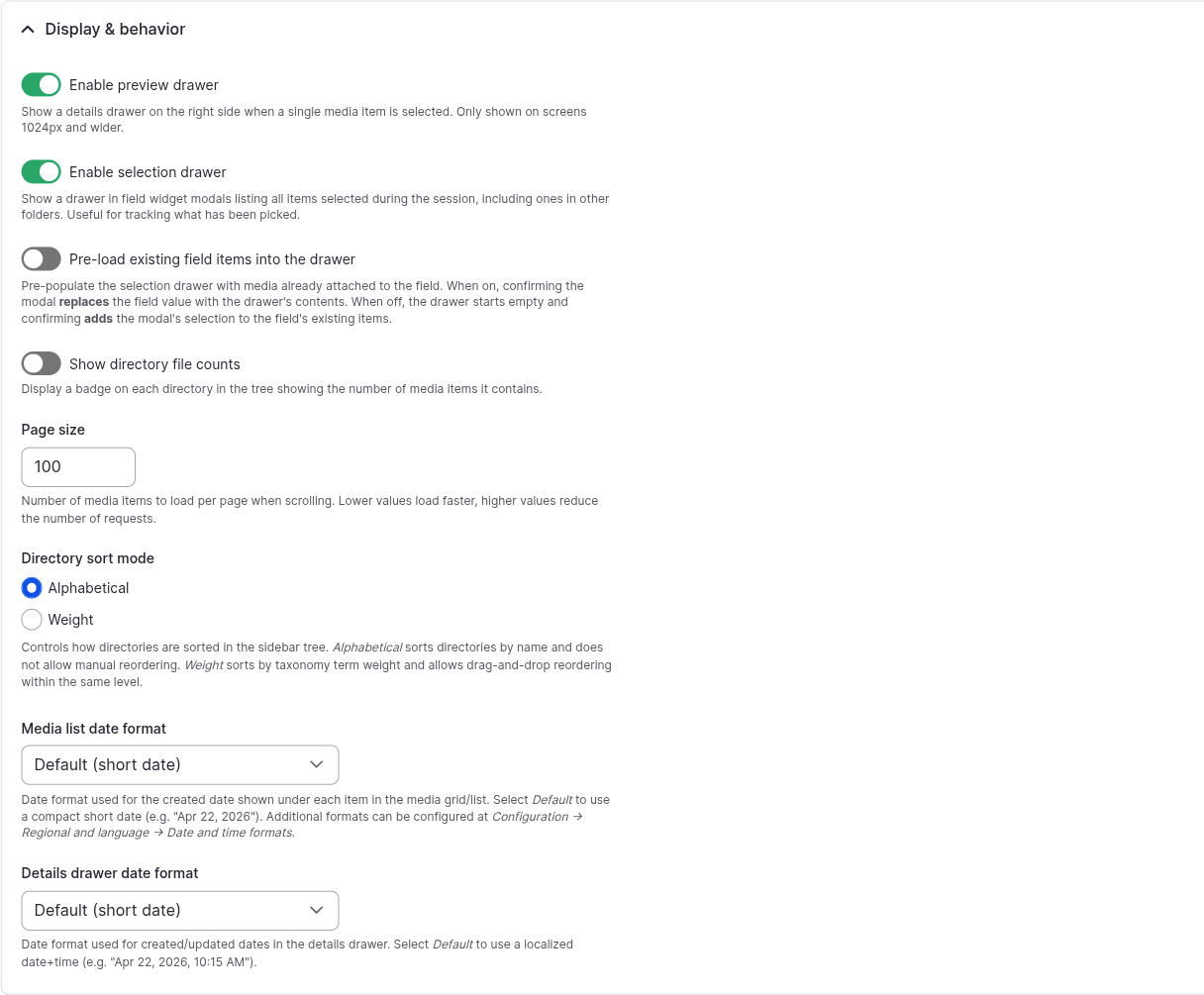 Display & behavior settings: drawers, page size, sort mode, date formats