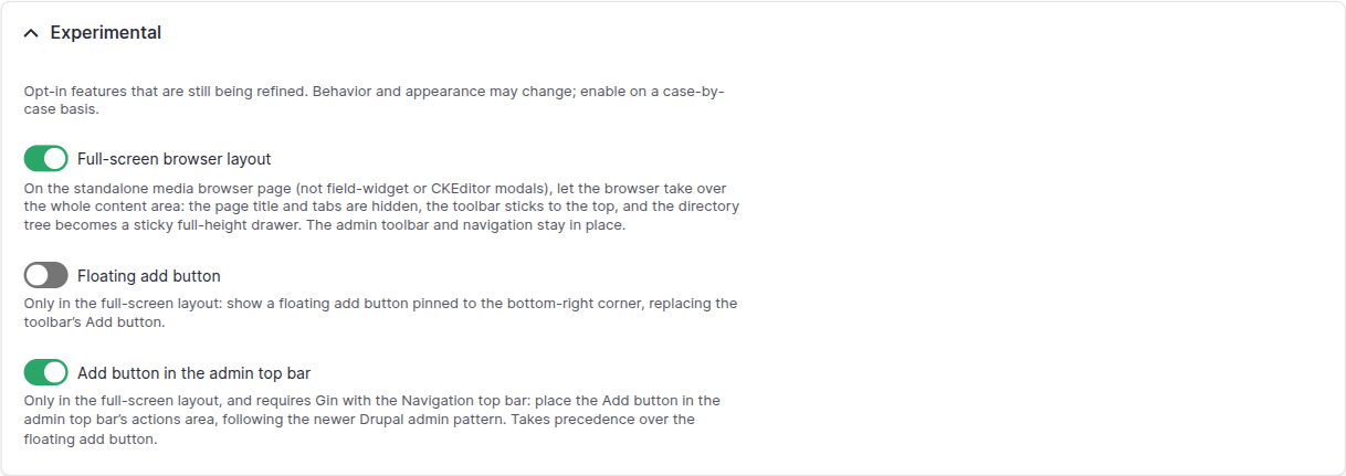 Experimental settings: full-screen layout, floating add button, top-bar add