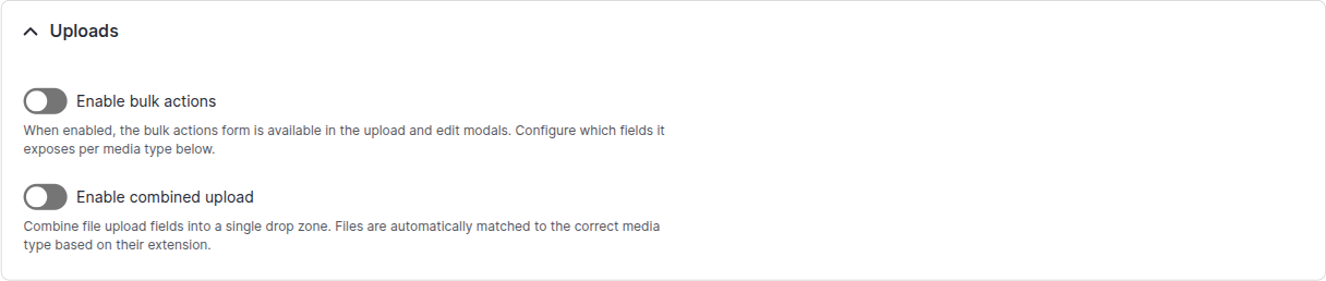 Uploads section: bulk actions, combined upload, per-bundle controls