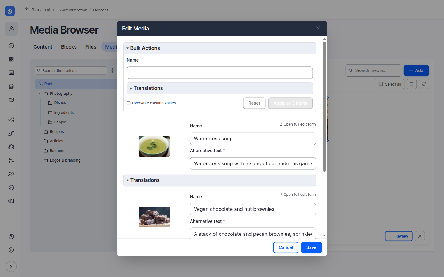 The bulk actions panel with a Name autofill field, overwrite toggle and "Apply to 3 items" button