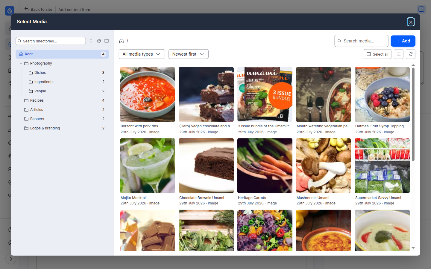 The directories browser opening as a "Select Media" dialog inside CKEditor
