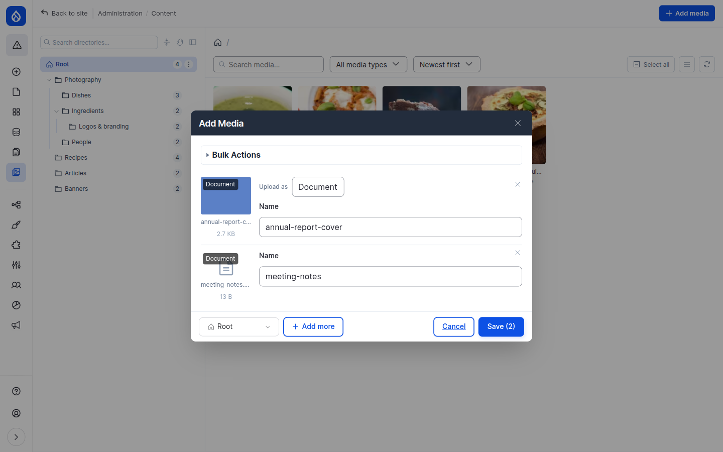 A pending file whose extension matches several media types, with an "Upload as" select