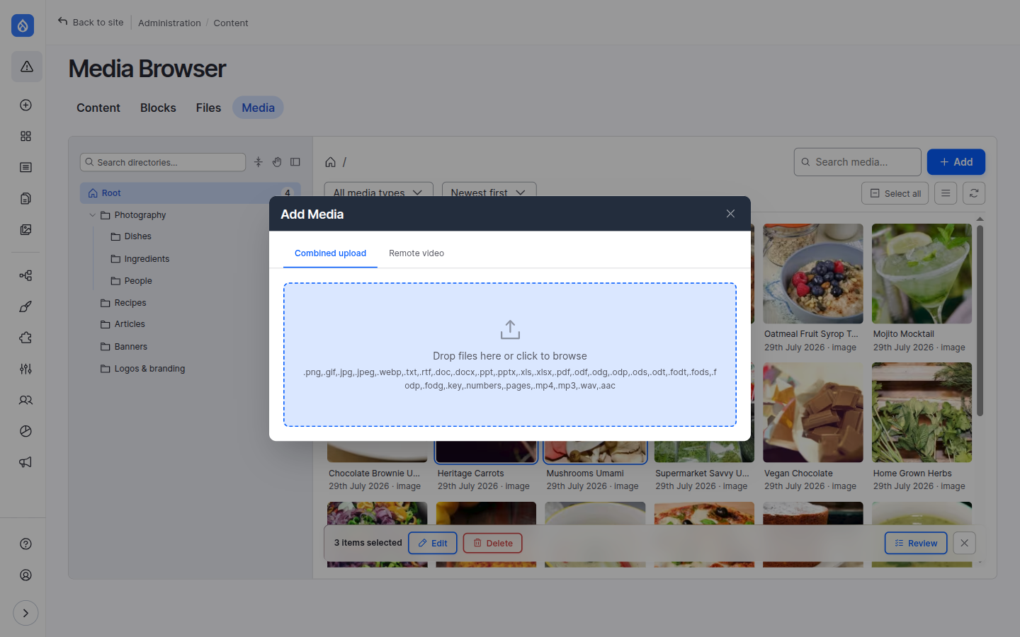 The Add Media modal with a combined-upload drop zone