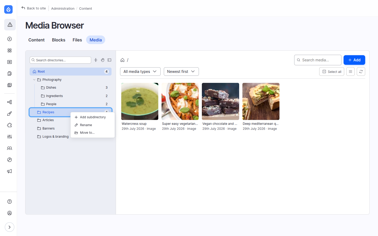The directory tree with a folder's right-click context menu open