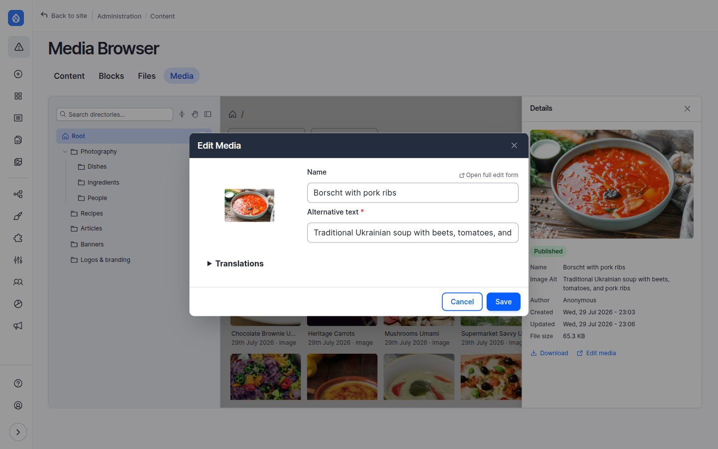 The Edit Media modal with name and alternative text fields