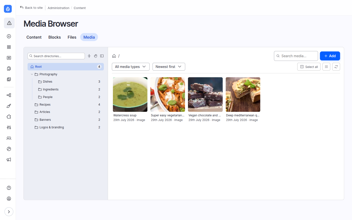 The media browser: directory tree on the left, media grid on the right