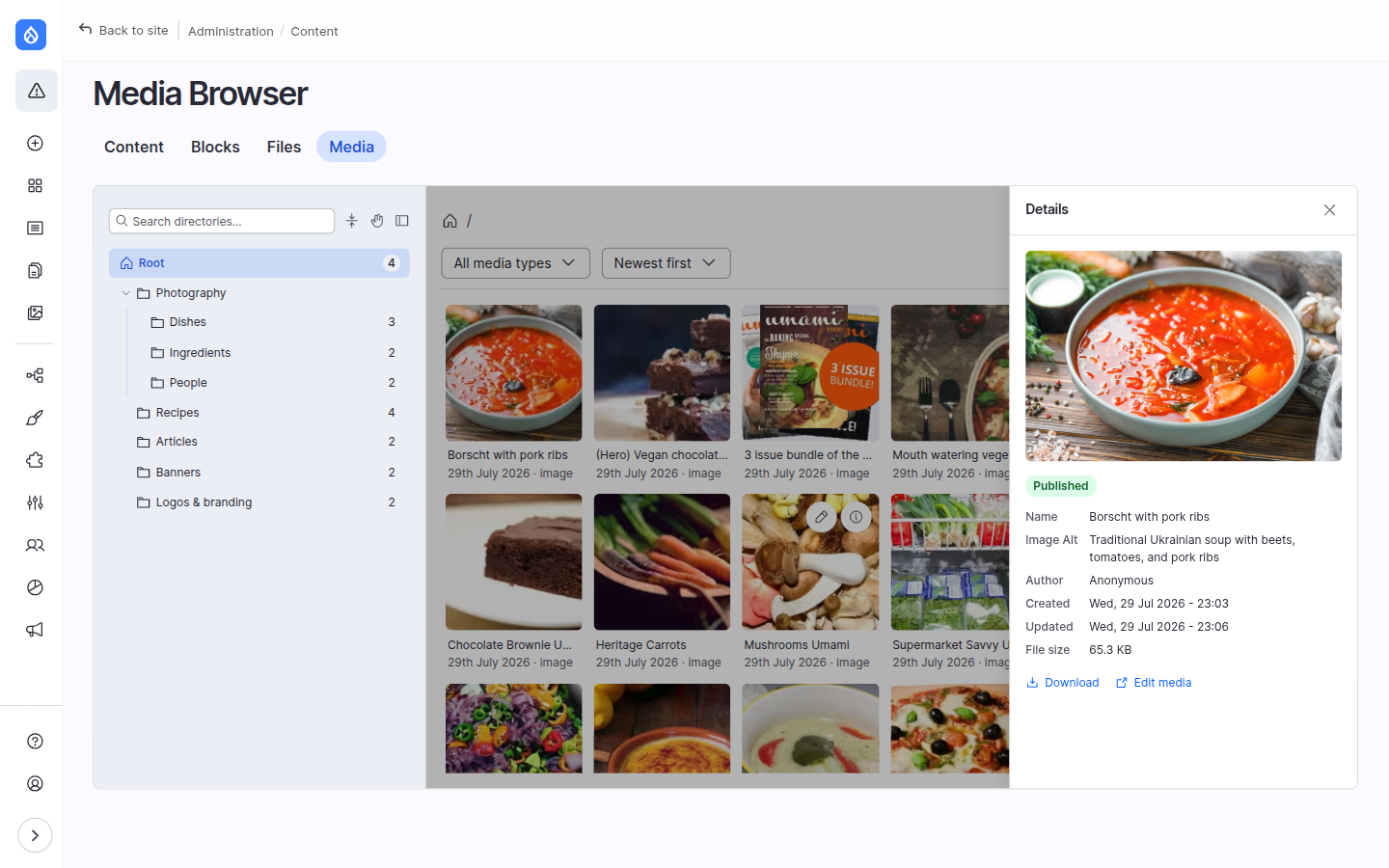 The preview drawer showing a large preview and metadata for one item