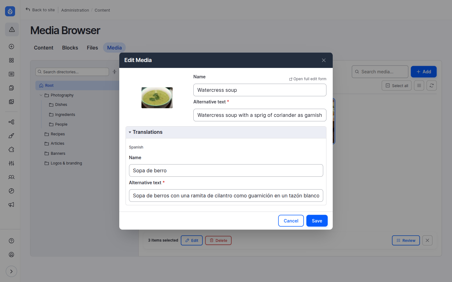 The edit modal's Translations panel showing a Spanish name and alt text