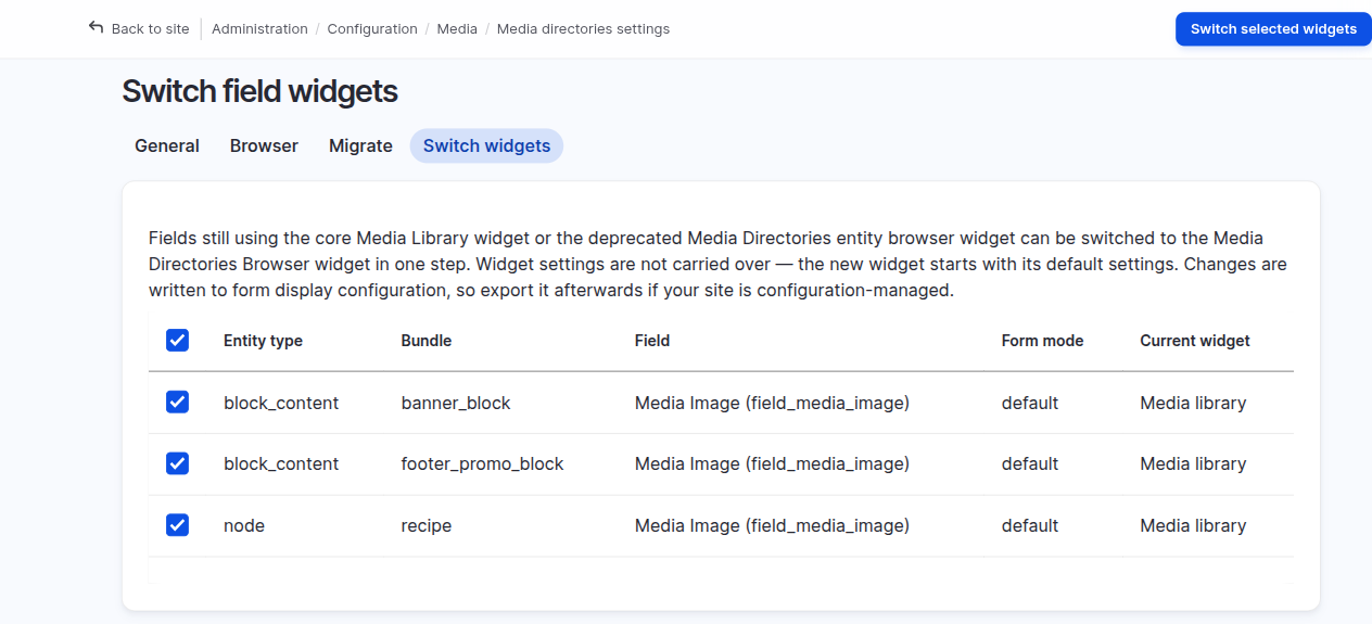 The Switch widgets tab listing the fields that can be converted