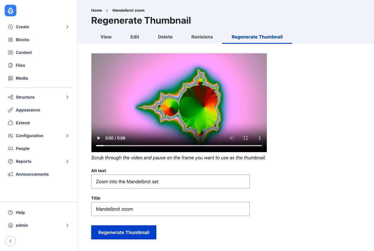 The Regenerate Thumbnail tab of a video media item, with a video player paused on a frame and fields for the thumbnail's alt text and title.