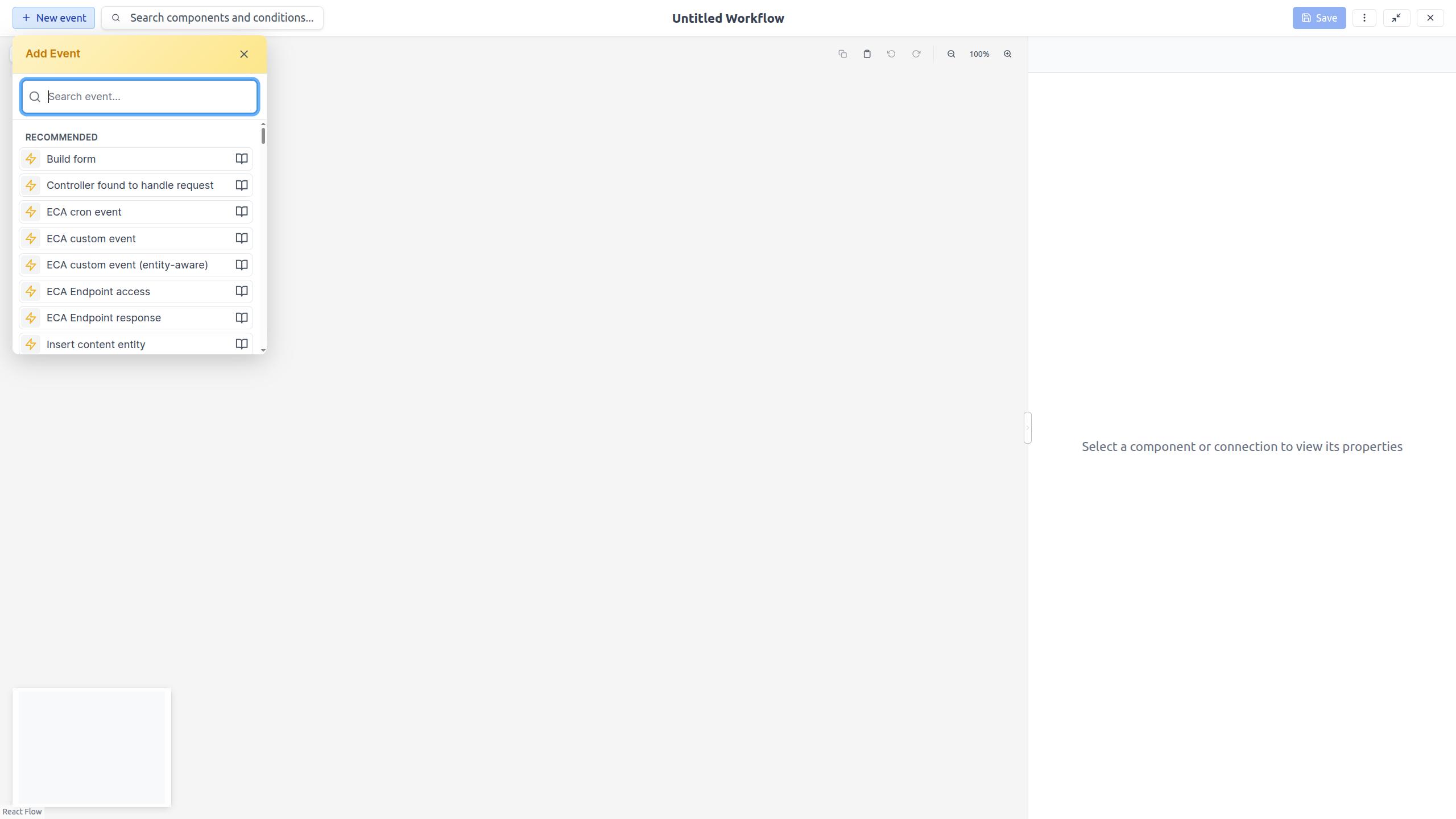 Adding an event node to the canvas