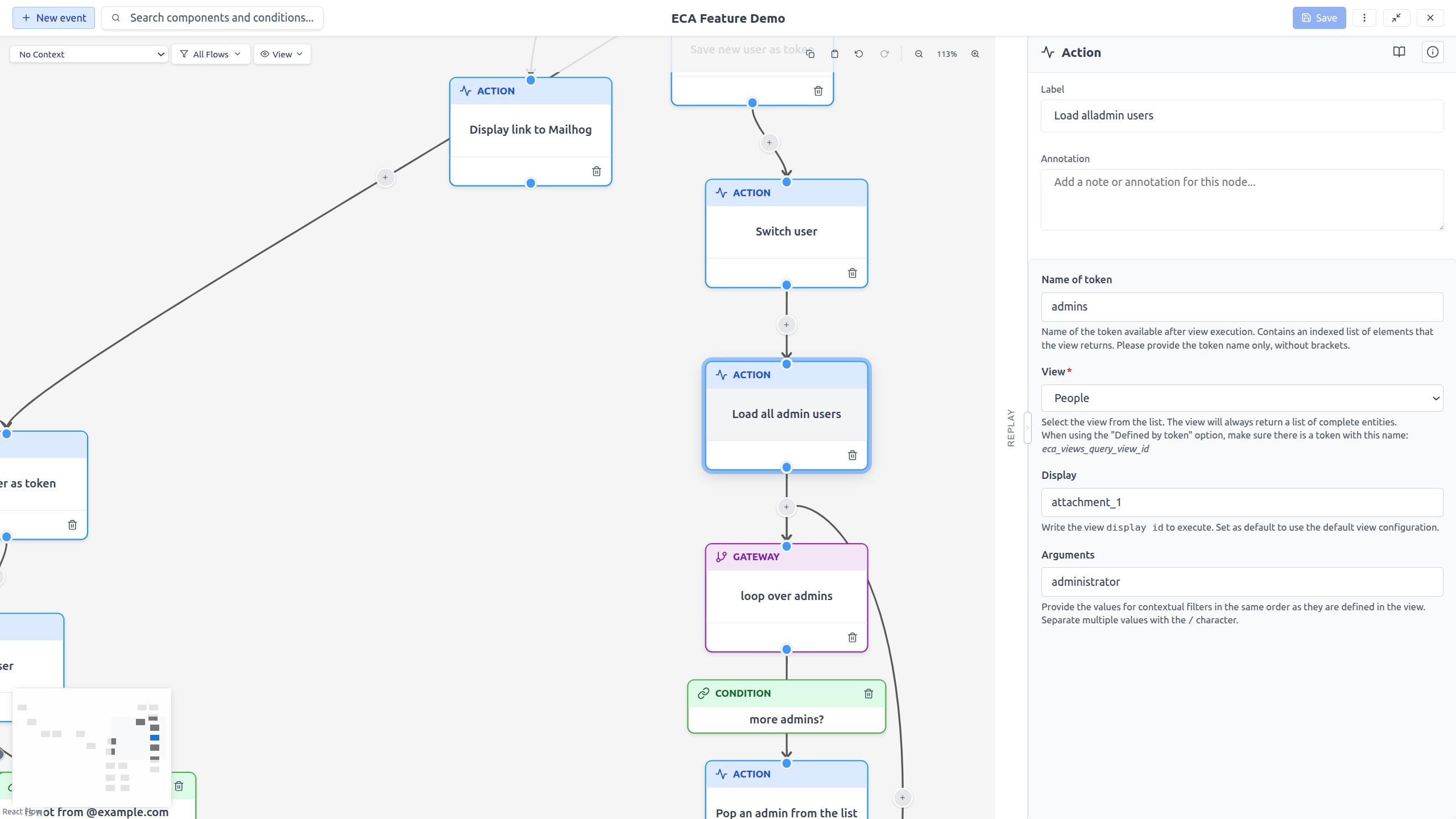 Configuration form for an action component