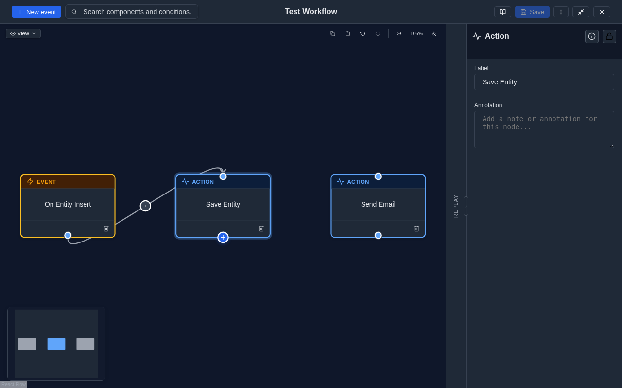 Modeler in dark mode showing the canvas and panels