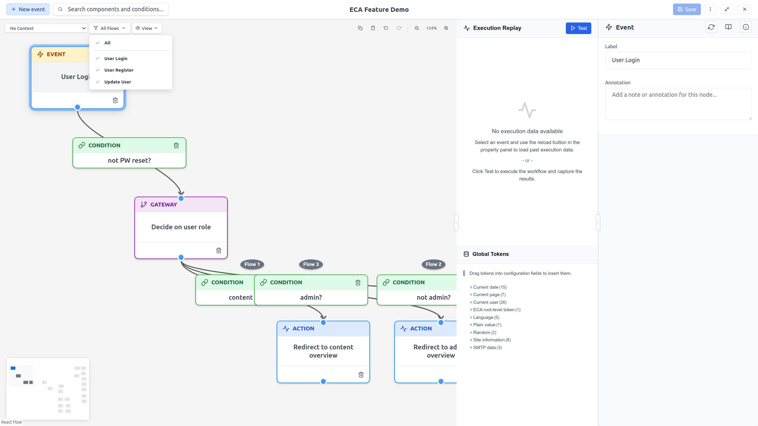 Flow filter dropdown showing two available event flows