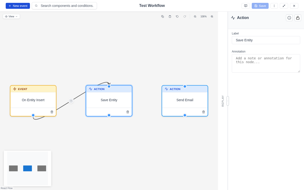 The Modeler canvas showing a sample workflow with event, action, and condition nodes connected by edges