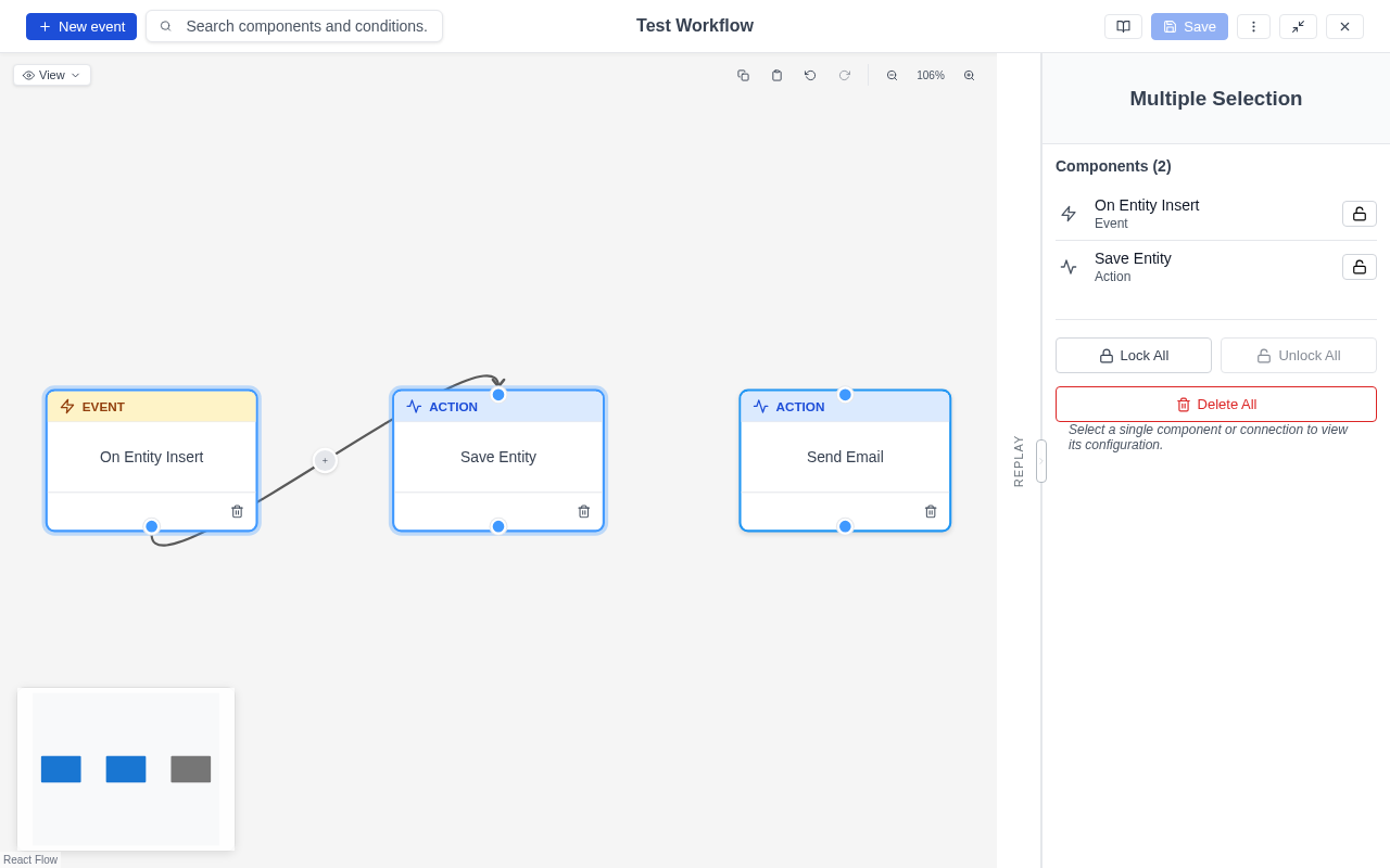 Multi-selection showing several nodes and edges selected with the bulk operations panel