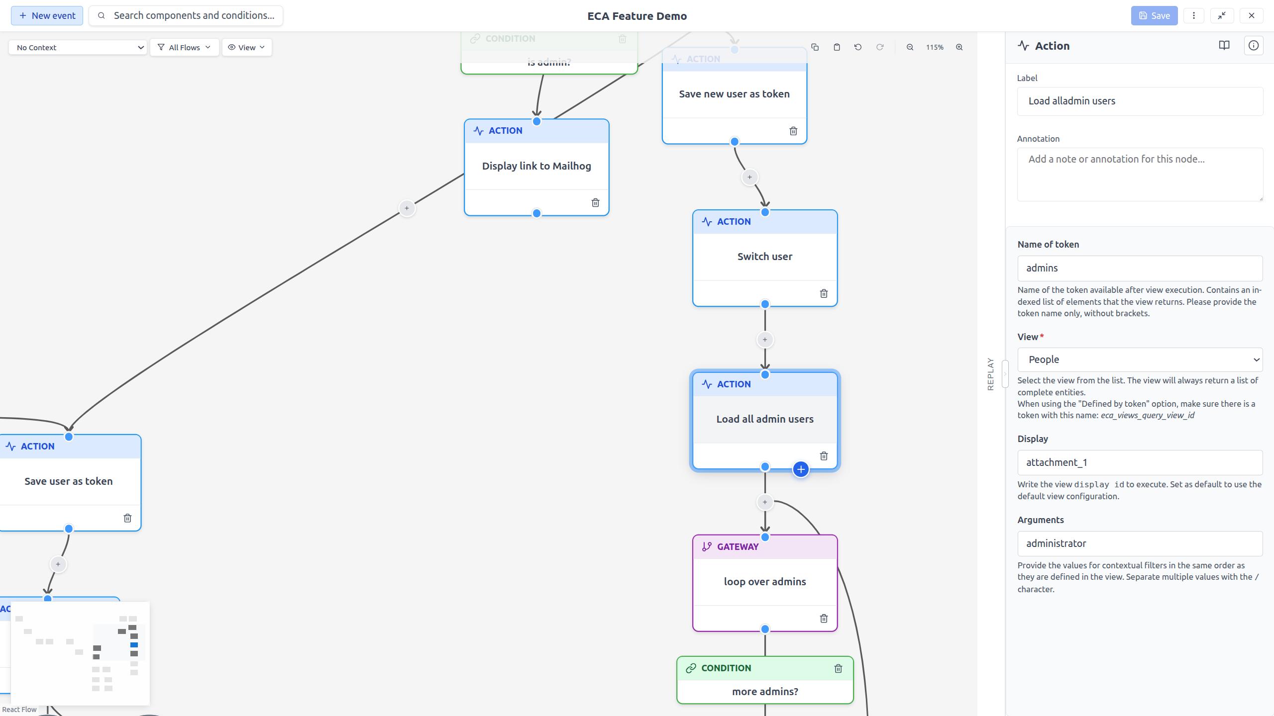 Property Panel showing configuration form for a selected action node