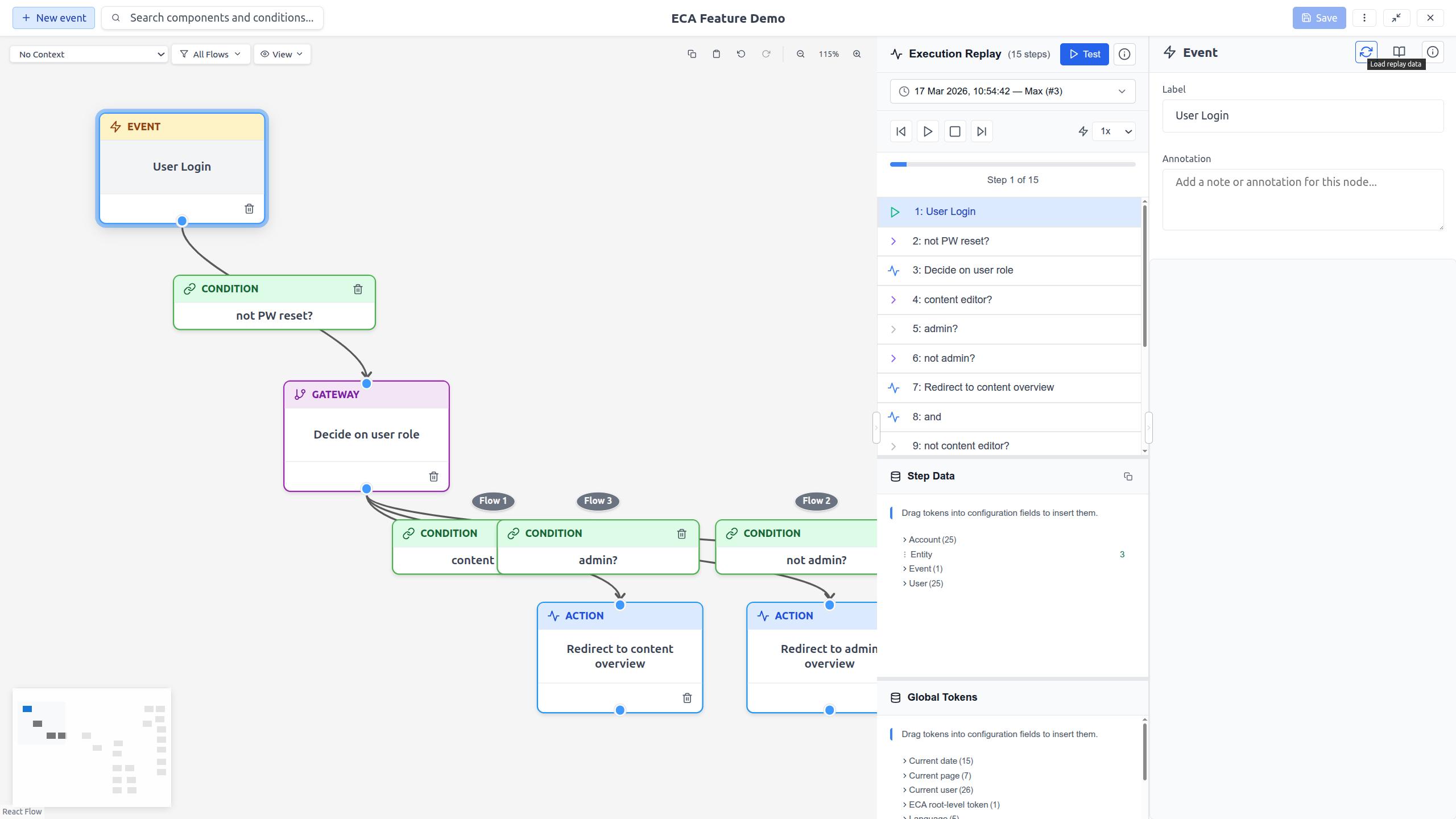 Loading replay data for an event node