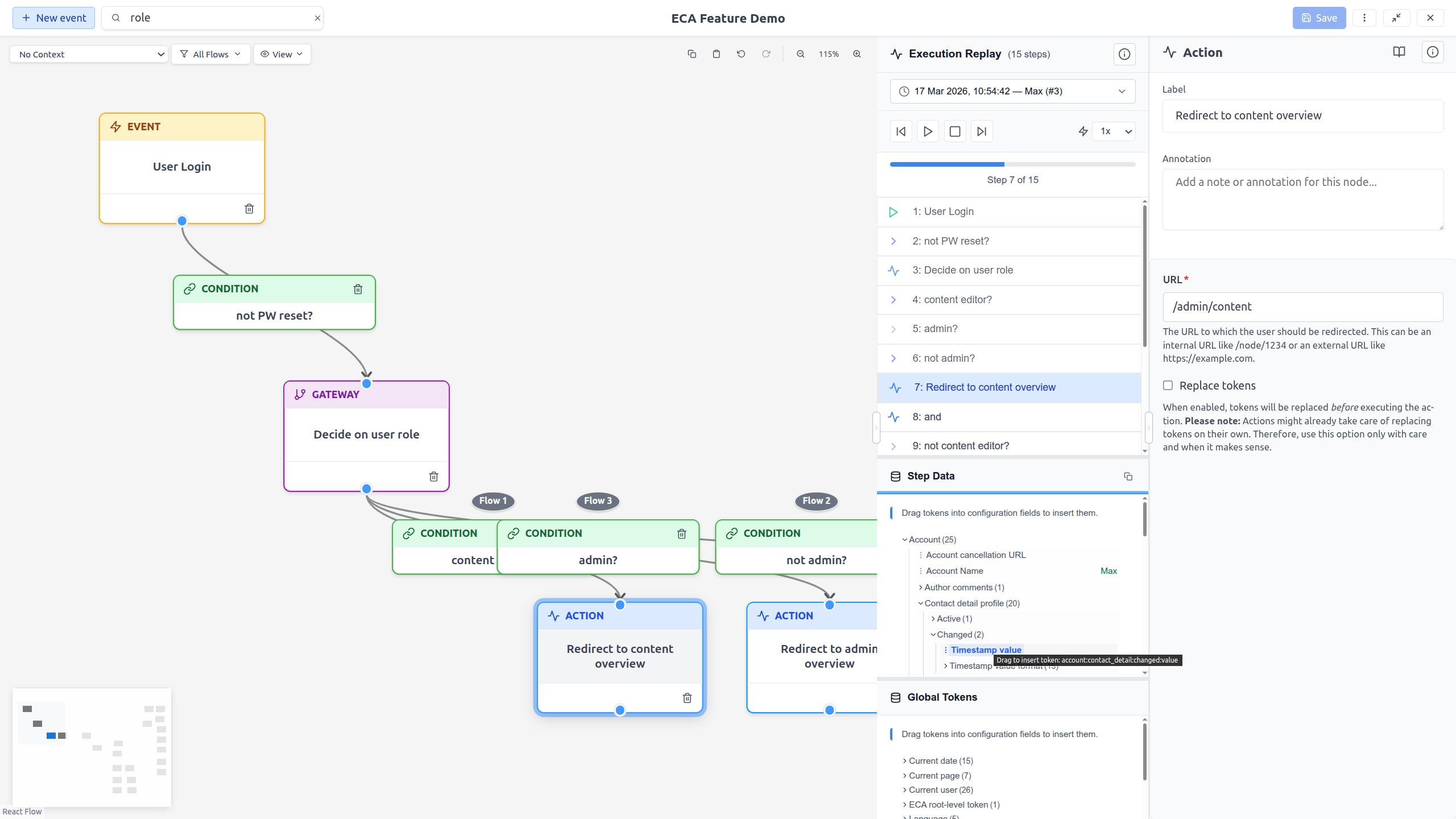 Step data showing token values in a collapsible tree