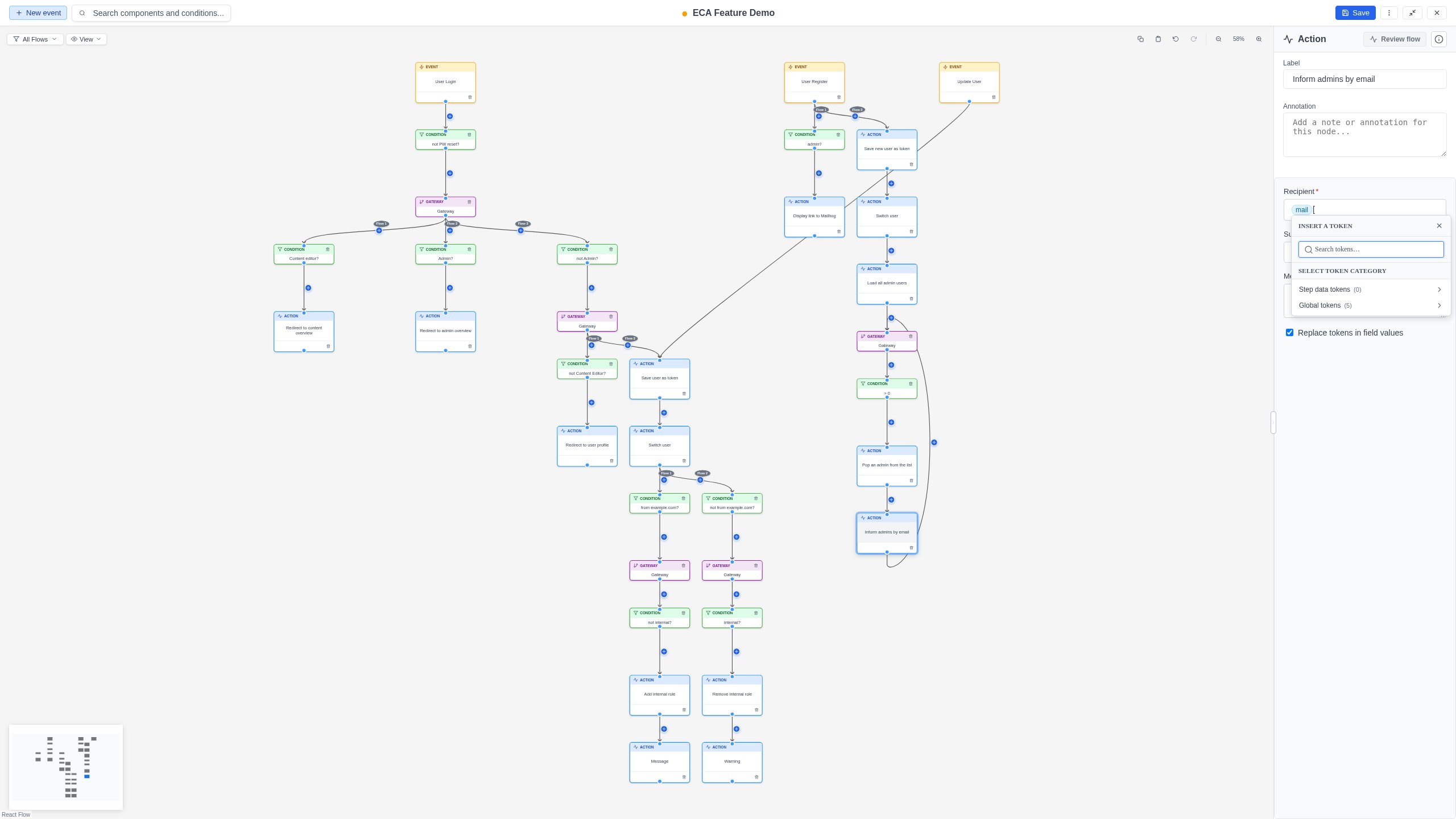 The token picker open inside a configuration field, showing token categories