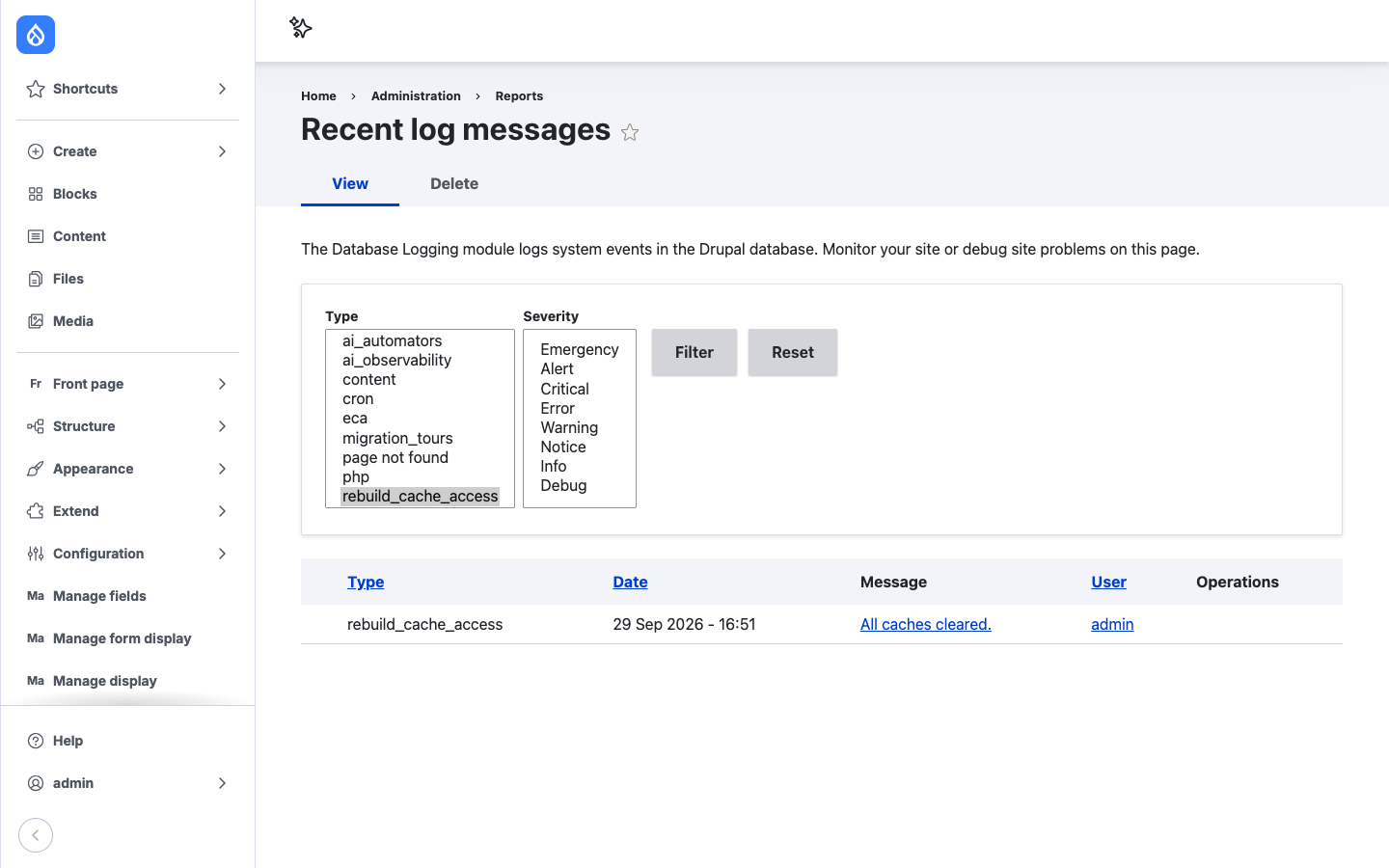 Log entries filtered by the rebuild_cache_access type